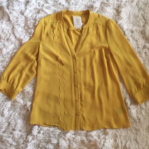 Anthropologie Yellow Scalloped Silky Blouse Sz 4
